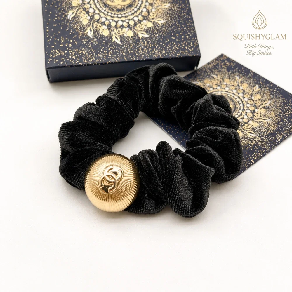 Chanel Beaute VIP Christmas Velvet Scrunchie Gold CC Medallion Hair Tie NIB